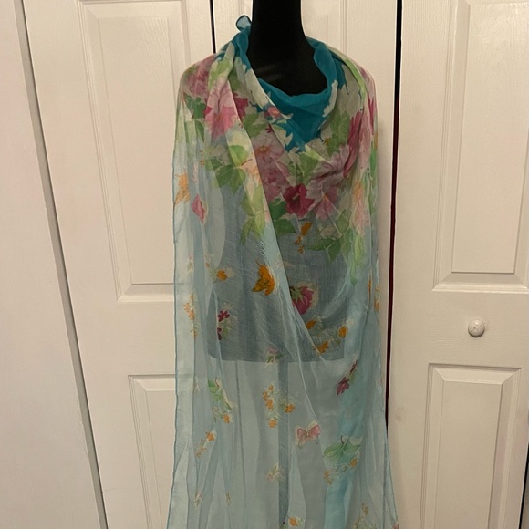 Floral Scarf Shawl Wrap Large Blue Polyester Karma Turquoise Pink 39 x 72 - Picture 2 of 4